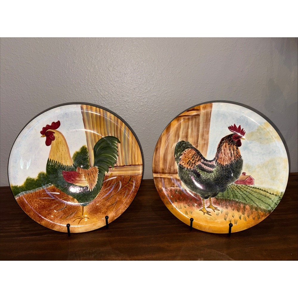 David Carter Brown On The Farm 10 1/2" Dinner Plates Rooster/Chicken Sakura